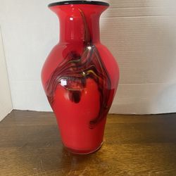 Vintage Handblown Red Vase With Green, Blue And Yellow Swirls Black Trim