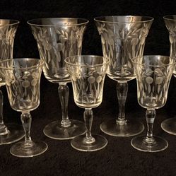 Vintage Etched Crystal Goblet & Wine Glass Set - Discontinued UNK359 – Unknown Manufacturer (12 Pieces)