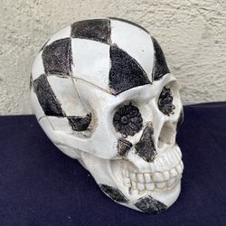 Halloween Black Sparkle And White Checkered Skull Decor.