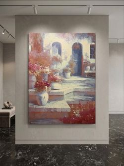 Large Floral Courtyard Oil Painting on Canvas