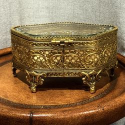 Vintage Ornate Filigree Brass & Glass Jewelry Casket Trinket Box • Velvet Base• Footed