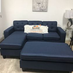 Brand New Blue Linen Sectional Sofa +Ottoman (New In Box) 