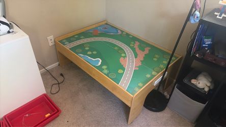 KidKraft Double-Sided Wooden Train and Activity Table with Built-in Storage Drawer, Natural, Gift for Ages 3+