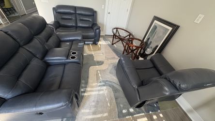 Blue Leather Recliner & Loveseats