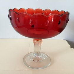 Vtg. Indiana Glass Company Ruby Red Clear Glass Large Fruit / Centerpiece Pedestal Bowl 