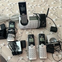 AT&T DECT 6.0 cordless phone systems featuring Bluetooth Connect to Cell technology and digital answering systems. Includes the main base unit, 4 cor