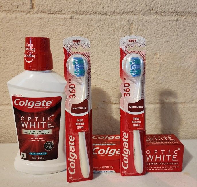 Colgate Optic White Teeth Whitening Bundle Toothpaste Mouthwash Toothbrush 