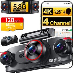 4 Channel 360° Dash Cam Front Rear and Left Right Inside, 4K+3 * 1080P Dash Camera for Cars with Free 128GB SD Card, 5.8GHz WiFi-30MB/s,