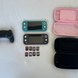 Two Nintendo Switch Lites + 8 Games + Spare Controller + 2 Cases