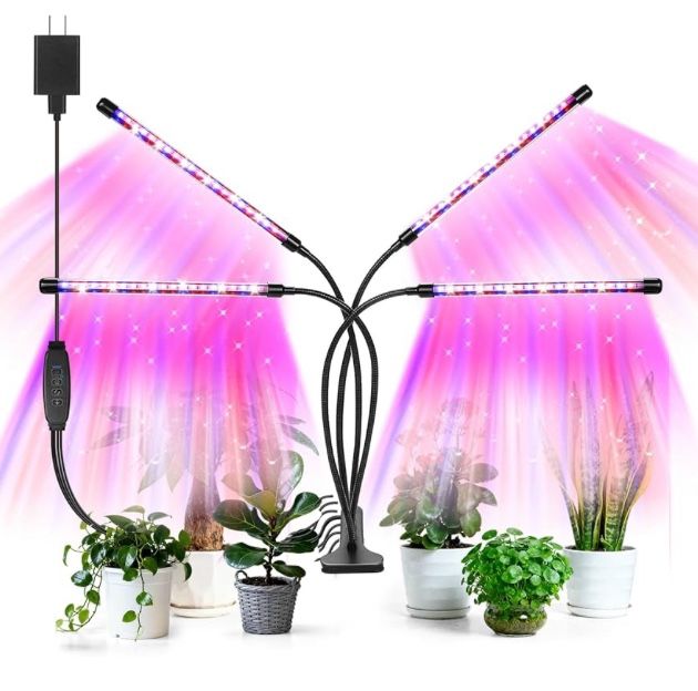 Led Grow Lights, 4 Heads Red Blue Plant Light with Clamp for Indoor Plants & Seed Starting, 10-Level Dimmable, Auto On Off, Timing 3 9 12Hrs
