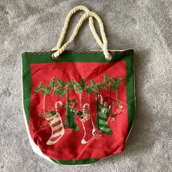 NEW Large Christmas Canvas Embroidered Tote Rope Handles 16” x 17” Zip Closure Gift Bag Holiday Themed