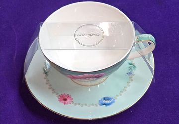 GRACE TEAWARE Fine Porcelain Teacup and Saucer Set Teal Floral Garden A93Z358