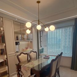 5-Light Brass Sputnik Chandelier – Frosted Globe Pendant Light