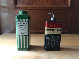 Vintage collectible tins — Mennen Talc for Men + SOHIO Household Oil