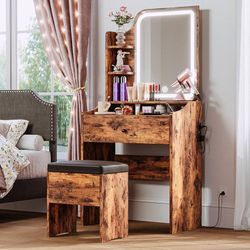 Small Makeup Vanity Desk with Mirror and Lights, Vanity Table Set with Storage Drawer & Chair & 3 Shelves, Bedroom, Vintage Brown