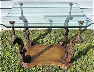 Vtg Antique Weiman Heirloom Quality Side End Table Hand Carved Wood Glass Brass