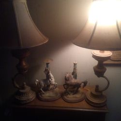 Two Antique Lamps With Two Horses Candle Holder 