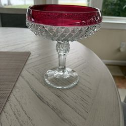 Vintage Indiana Glass Bowl Kings Crown Ruby Red Band Diamond Point Candy Dish