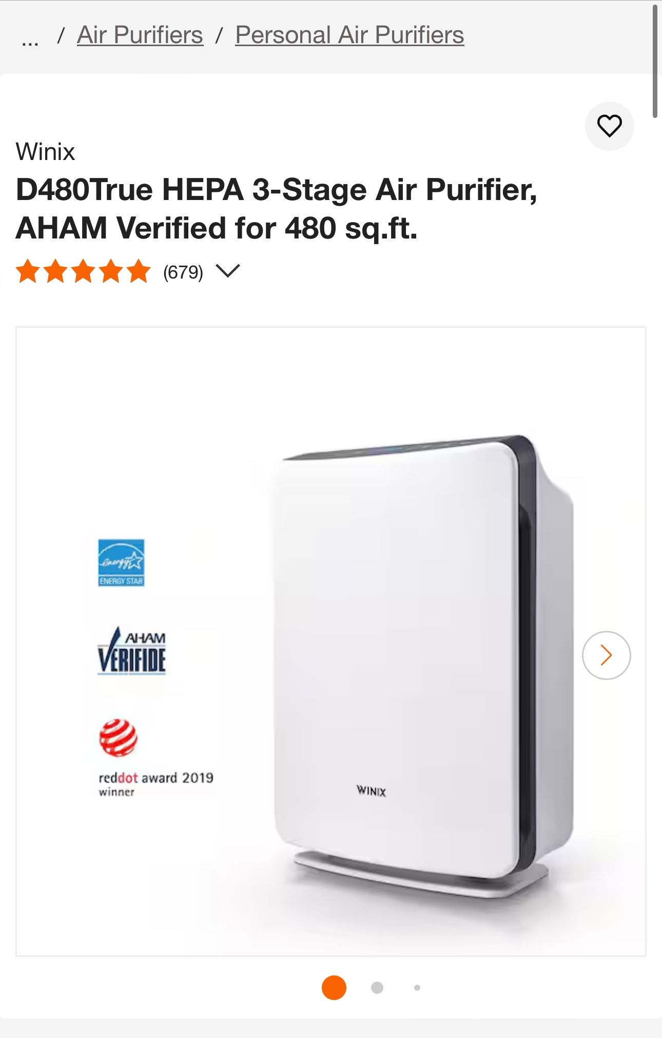Winix D480True HEPA 3-Stage Air Purifier, AHAM Verified for 480 sq.ft. New In Sealed Box $115 Includes 1year Filter Set!!!