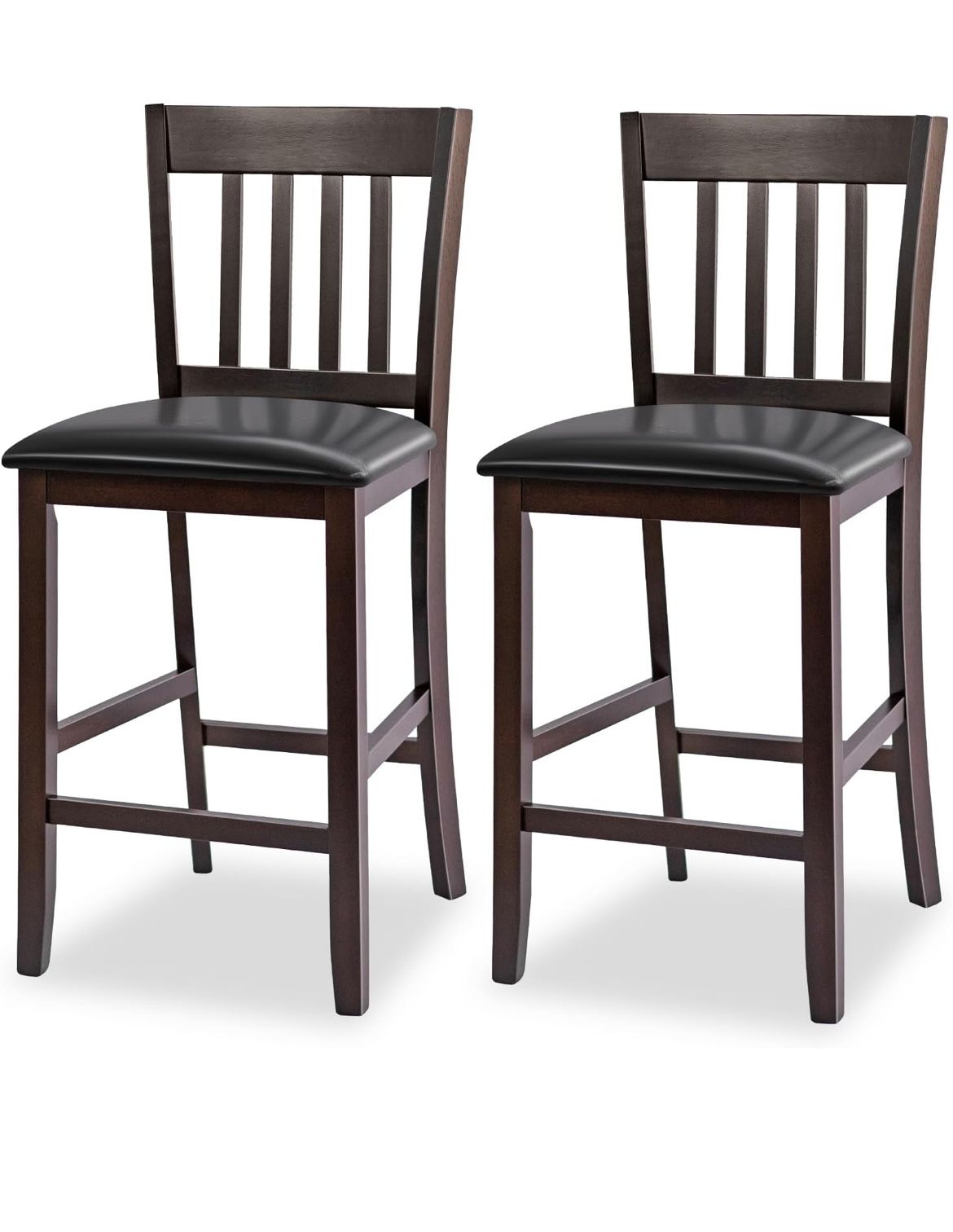 Newly assembled COSTWAY Counter Height Bar Stools Set of 2, 25'' Wooden Pub Chairs with PU Leather