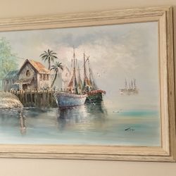 Vintage Original Oil On Canvas, Fishing Boats At The Dock/SeaSide Setting  by the Artist John Luini 