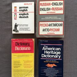 Dictionary books, set of 4 dictionaries, Spanish-English German-English Russian-English & English, approximately 2500 pages, good to new conditions