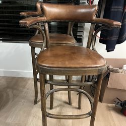 Restoration Hardware Leather And Wood Stools (2)