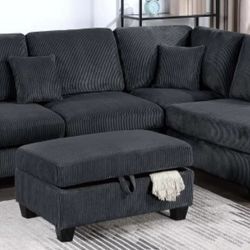 Brand New Black Corduroy Sectional Sofa w Storage Ottoman 