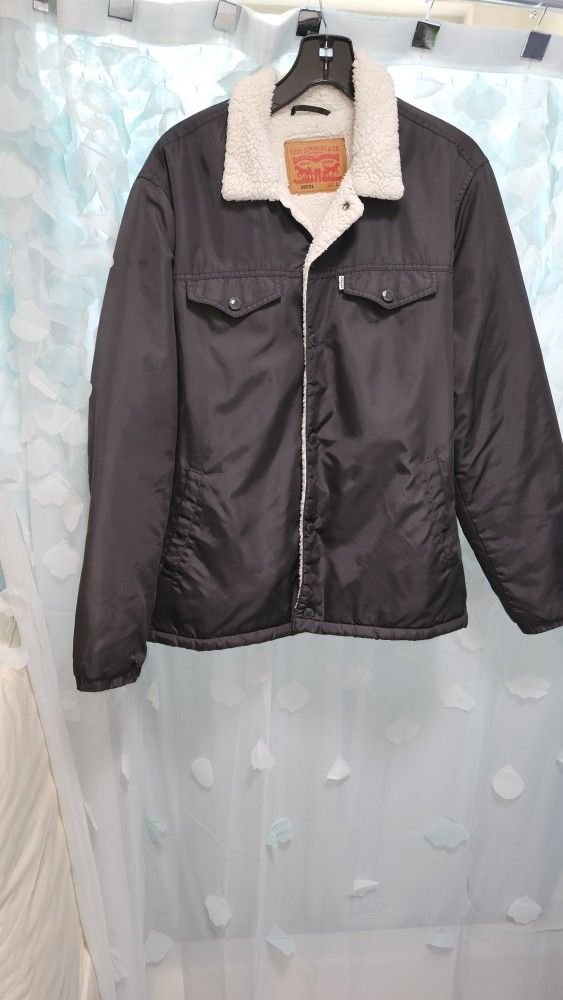 Levi's Black Nylon Sherpa Lined Trucker Jacket--Sz Large