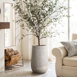 27 in. Blended Tan with Wood Pattern Round Ceramic Tapered Floor Planter