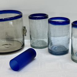 Hand Blown Mexican Glass Ice Bucket Drinking Glasses Shot Glass Cobalt Blue | Pricing In Description