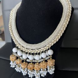 Boho Statement Necklace – Braided Rope Choker with Beads, Flowers & Dangles – Cream, White & Gold Tones