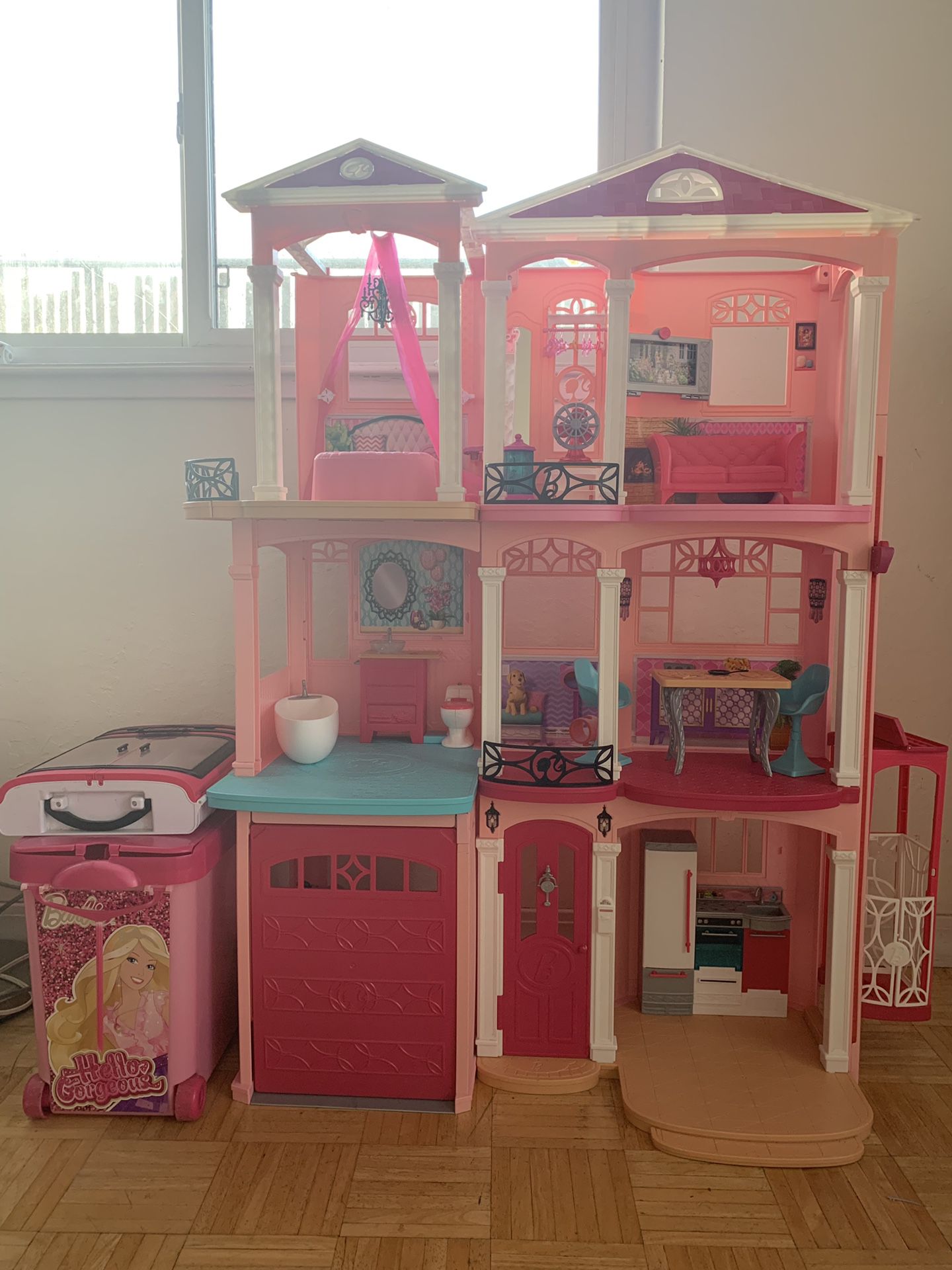 Barbie Dream House W/Pool, Rolling Case, Barbie Closet, Motorcycle, Barbie Car & etc