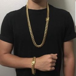 14MM Cuban Set 14K Gold Plated Doesn't Loses Color