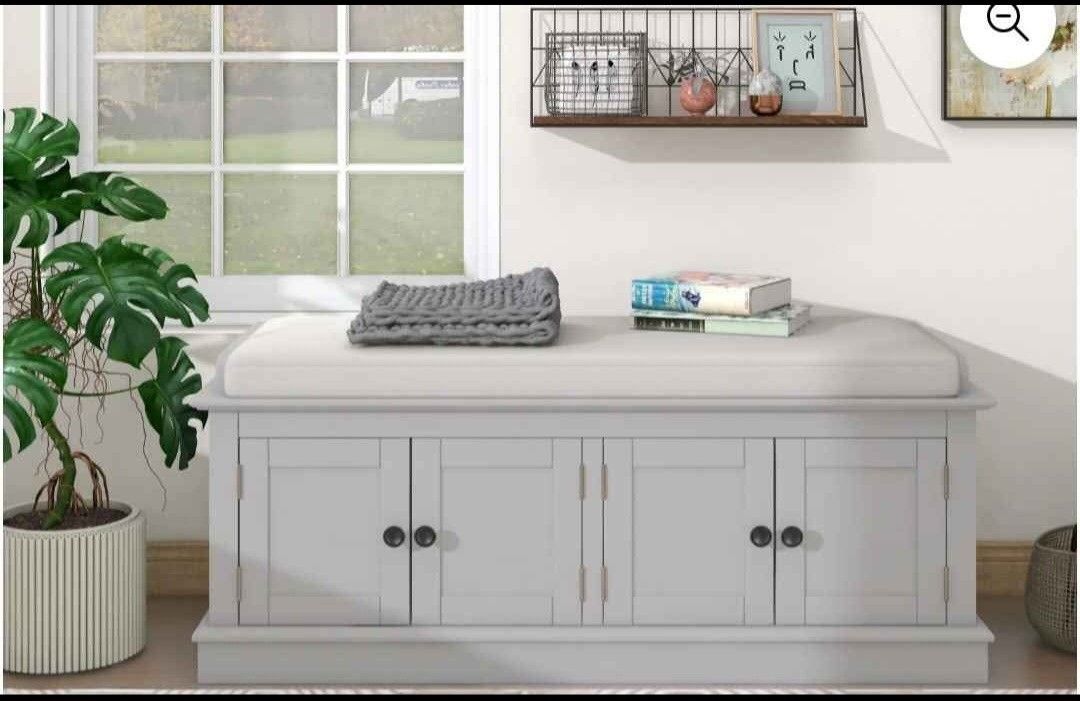 Gray Wash Storage Bench with 4-Doors and Adjustable Shelves