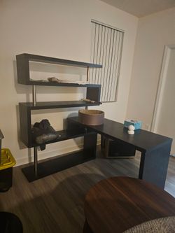 L shaped table with shelves