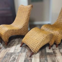 Vintage Wicker/Rattan Oversized Curved Chairs With Ottomans