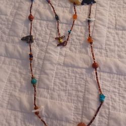 Vtg.Native- Carved Mop& Heishi Shells & Amber Carved Animals Necklace- 30 In.