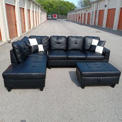 (Free Delivery) - Black Faux Leather Sectional Couch Sofa