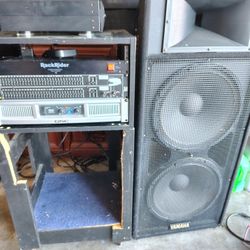 Complete PA System, Power Conditioner, Rane Eq, QSC Amp, & Yamaha Speaker With Wood Rolling Rack Included Speaker Wire 