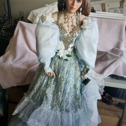 44" RUSTIE VICTORIAN DOLL ON STAND AND SIGNED 1999