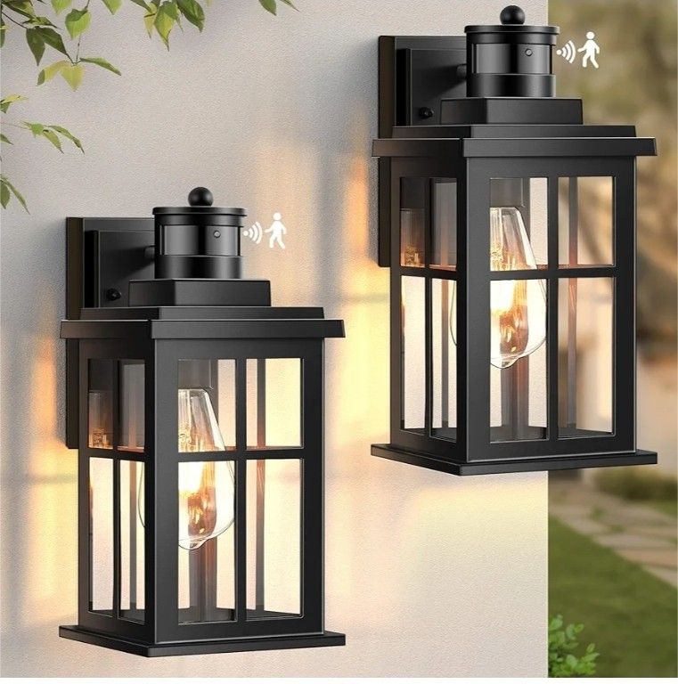 2365: [C4] Motion Sensor Outdoor Lights, 2 Pack Outside Light Fixture Dusk to Dawn, Black Outdoor Motion Sensor Light, Anti-Rust Exterior Light Fixtur
