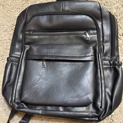 Black Faux Leather Backpack USB Charging Port Mens Womens Travel School Bag