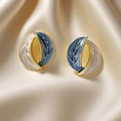 Gray Blue Leaf Vintage Style Stud Earrings Minimalist Chic Women Fashion New