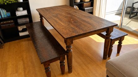 World Market Solid Wood Farmhouse Dining Table + 2 Benches