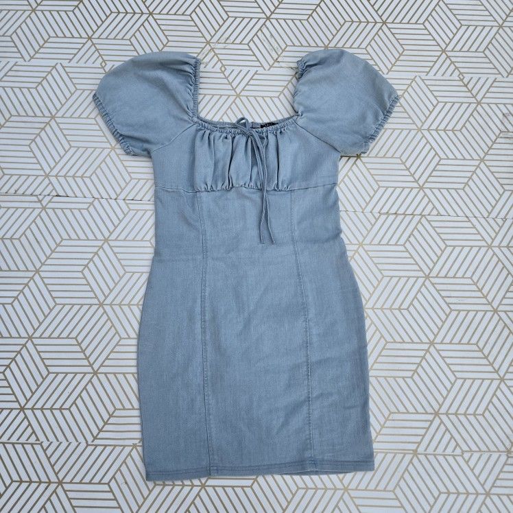 Iris Demin Mini Dress Light Blue Square Neckline Puffy Sleeve Front Ruched
