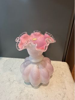 Vintage Fenton Ruffled Silver Crest White & Pink Melon Shaped Vase 8”