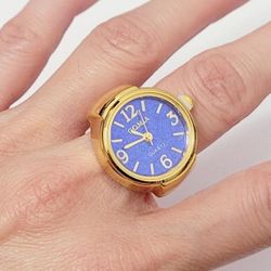 Unique gold round shape girl's women's ladies unisex ring watch Blue Face Gift