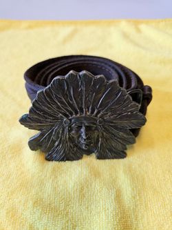 Vintage Native American Chief Headdress Belt Buckle +

Leather Belt