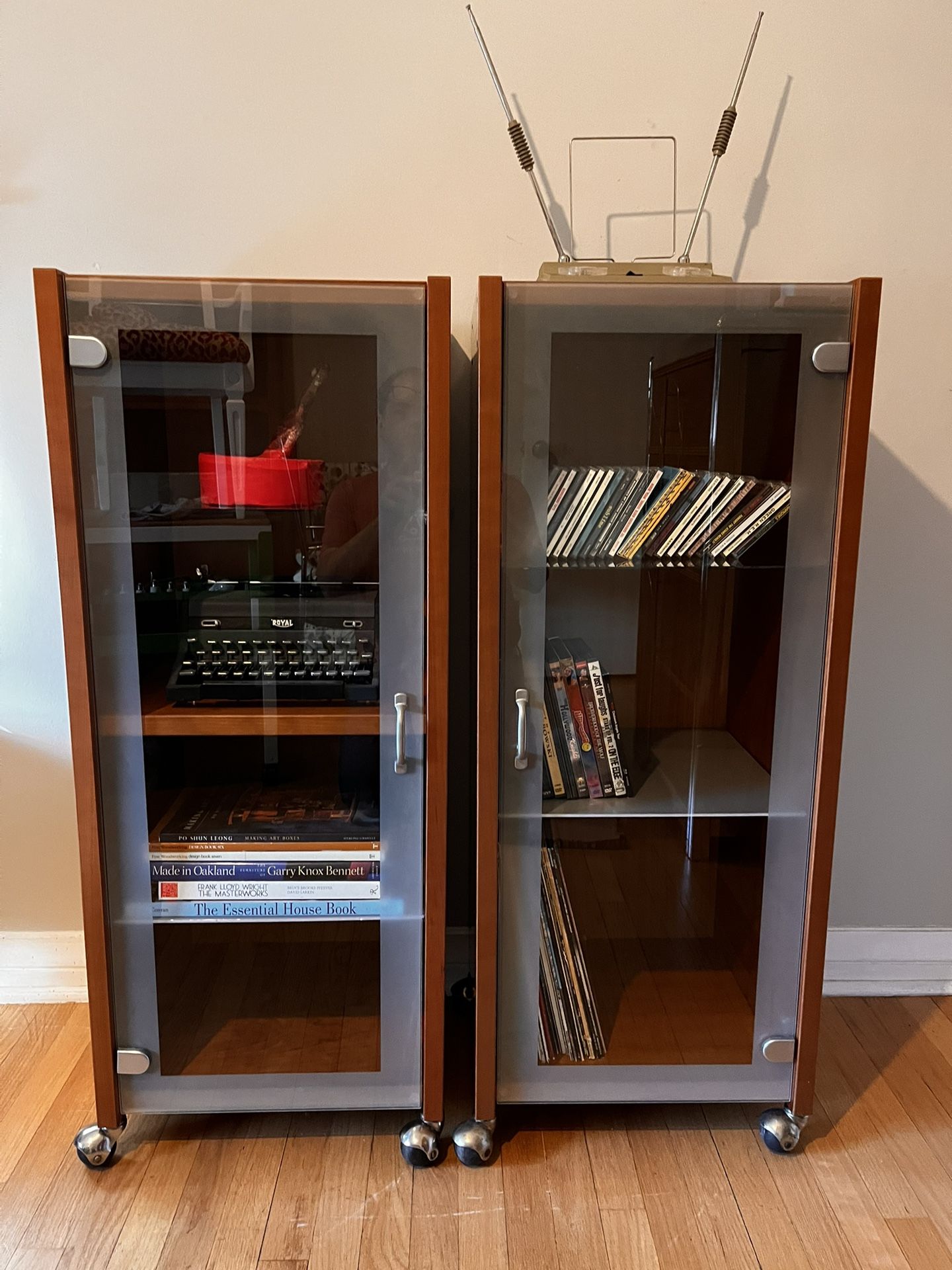 Modern Glass-Front Audio / Media Cabinets – Set of 2